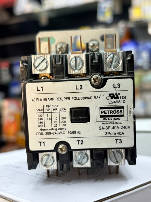 PETROSS SA-3P-40A-240V 3-POLE 40 Amp DEFINITE PURPOSE CONTACTOR